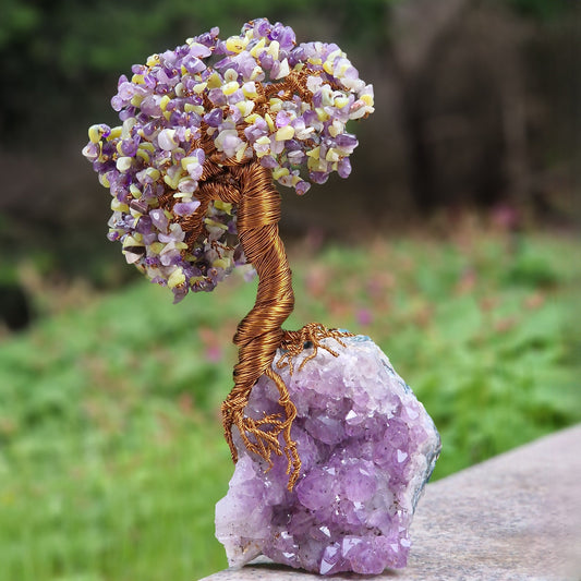 Feng Shui gemstone tree made with amethyst stones on a wire base