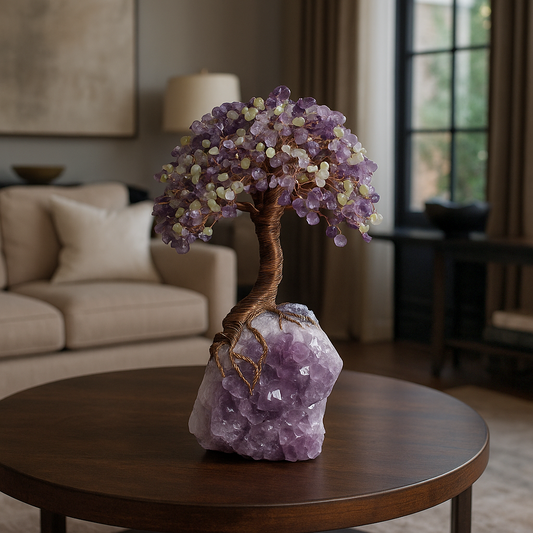 Feng Shui gemstone tree made with amethyst stones on a wire base, Artisan-made Tree of Life sculpture with amethyst crystals