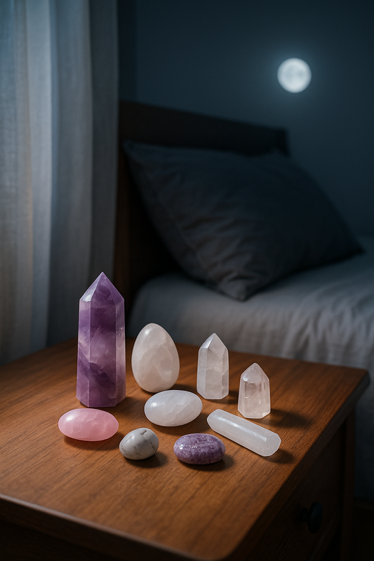 Healing crystals such as amethyst, rose quartz, clear quartz and moonstone placed on a wooden nightstand under soft moonlight