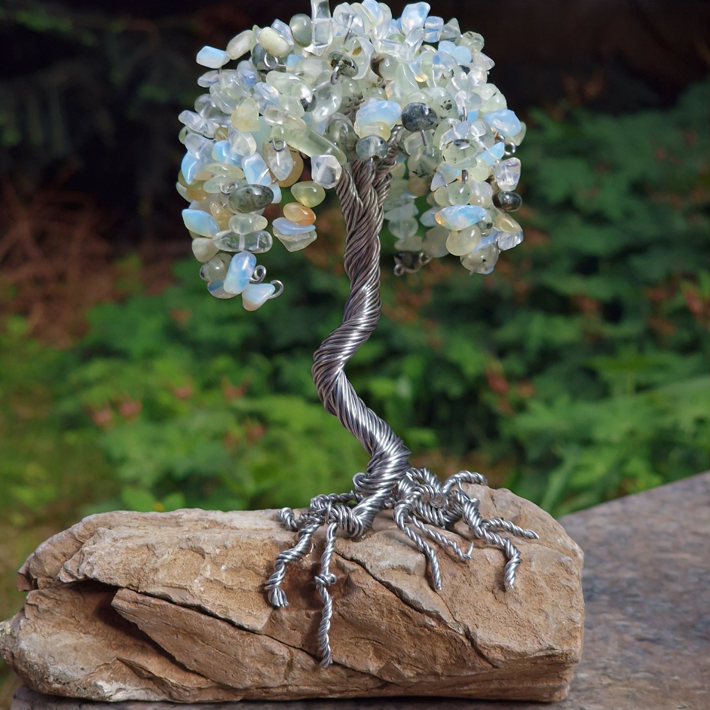 Crystal Tree with Moonstone & Quartz – Intuitive Energy Decor for Zen Living, Energy Crystal Tree for Zen Home Decor, Unique Crystal Tree Sculpture for Home or Office, Handmade Tree of Life with Semi-Precious Stones,