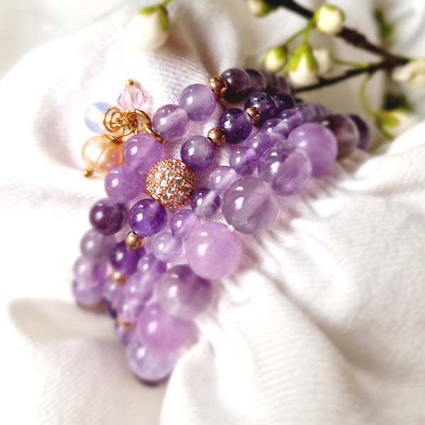 Amethyst Bracelet Set – 4 Handmade Natural Gemstone Bracelets with Rose Gold Accents