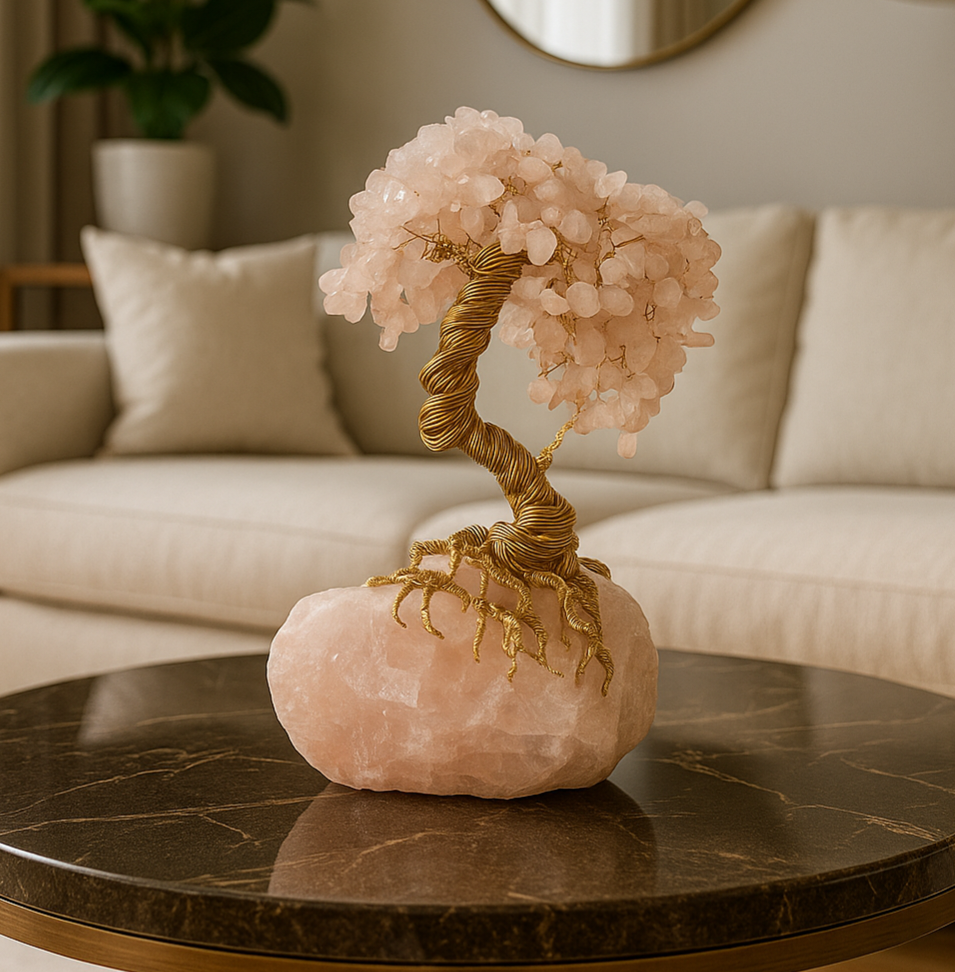 Handmade rose quartz crystal tree, luxury gemstone sculpture, home decor centerpiece, Tree of Life with rose quartz gemstones, artisan crystal decor, healing energy tree, Unique rose quartz gemstone tree, pink crystal sculpture, elegant interior accent,