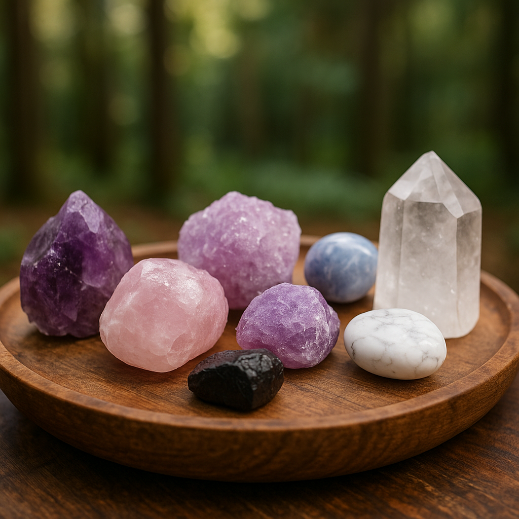 A collection of soothing crystals—amethyst, rose quartz, lepidolite, blue lace agate, black tourmaline, howlite and clear quartz—arranged on a wooden tray in a forest setting