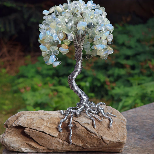 Crystal Tree with Moonstone & Quartz – Intuitive Energy Decor for Zen Living, Energy Crystal Tree for Zen Home Decor, Unique Crystal Tree Sculpture for Home or Office, Handmade Tree of Life with Semi-Precious Stones, 