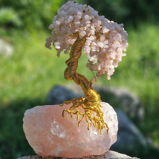 Handmade rose quartz crystal tree, luxury gemstone sculpture, home decor centerpiece, Tree of Life with rose quartz gemstones, artisan crystal decor, healing energy tree, Unique rose quartz gemstone tree, pink crystal sculpture, elegant interior accent, 